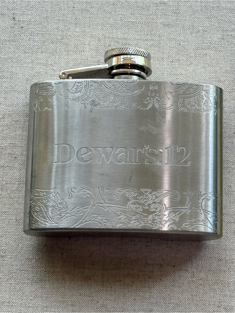 Dewar’s 12 Stainless Steel Hip Flask Etched Dragon Design